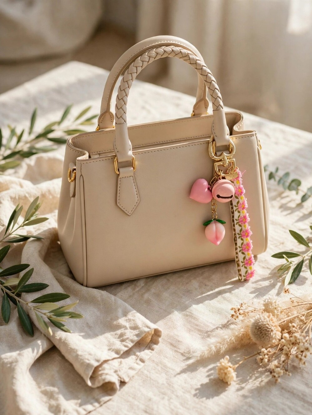 Cute Peach Bell Floral Keychain Bag Charm